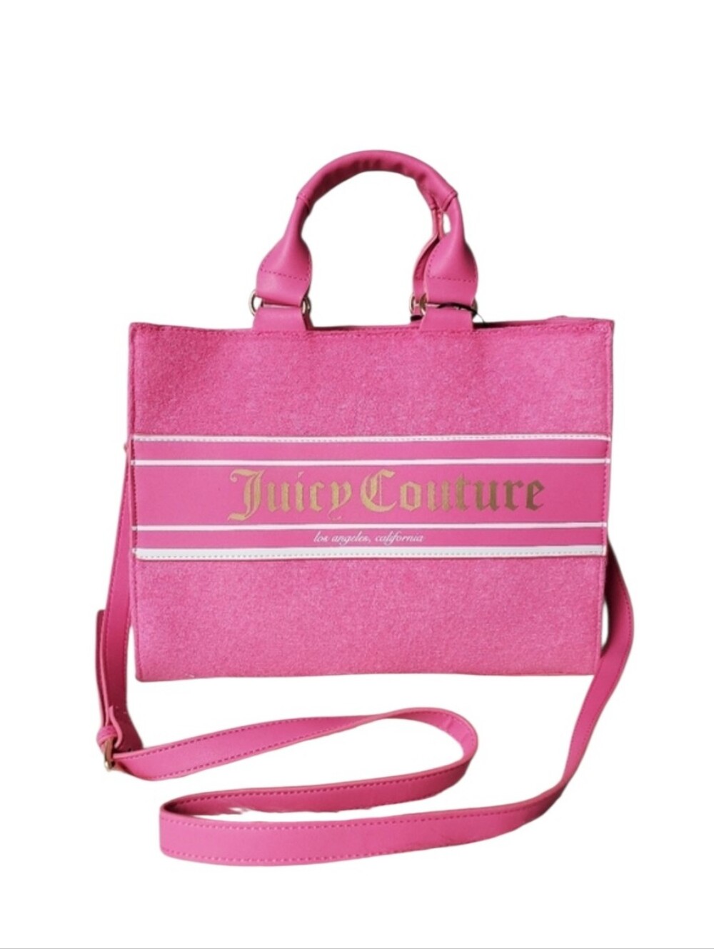 Juicy Couture Hot Pink Terry Cloth Billboard Tote  Logo Stripe Shoulder Purse